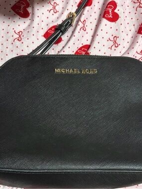 Michael Kors Black Saffiano Leather Dome Crossbody with Gold Logo